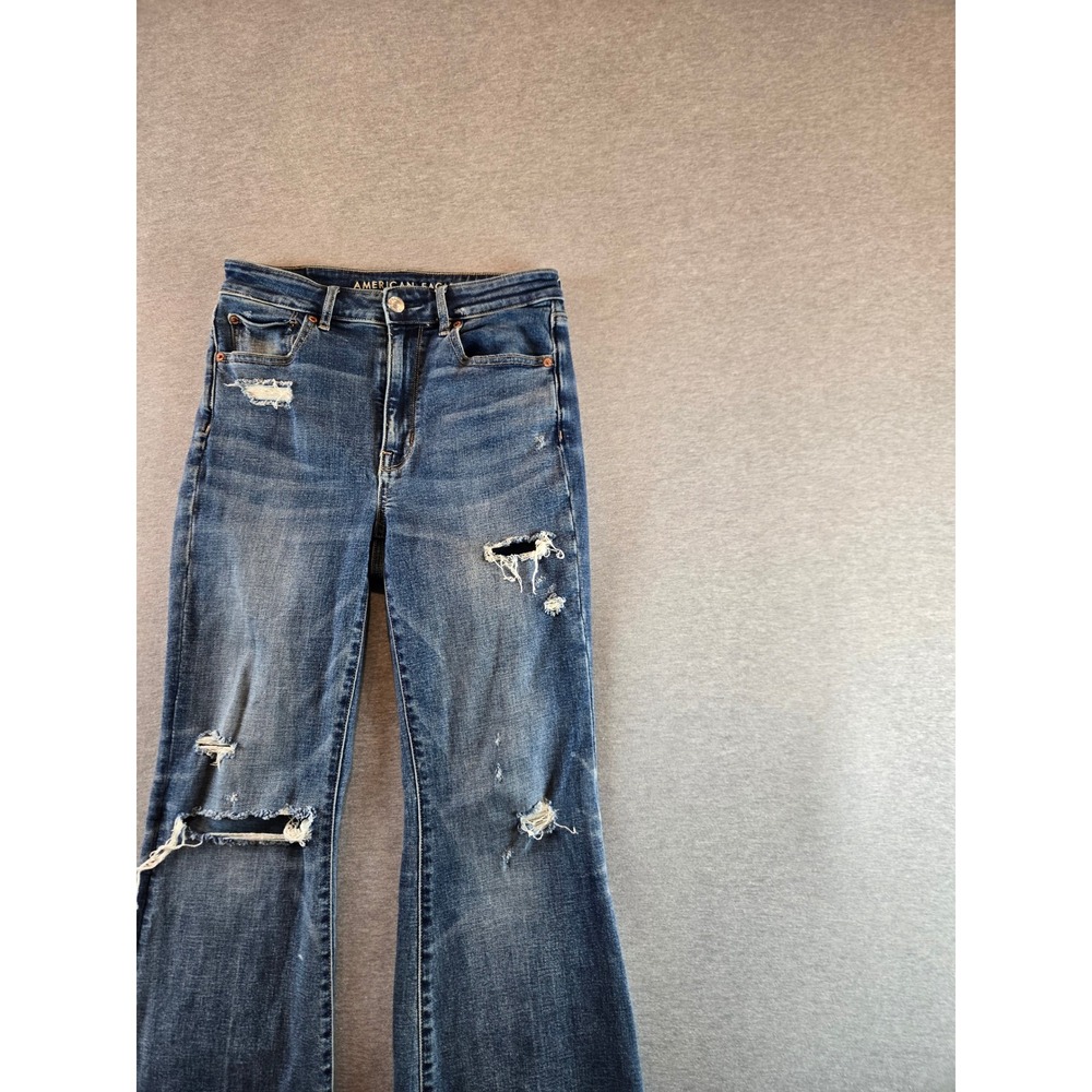 American Eagle Jeans Women 6 Blue Super Hi-Rise‎ Crop Flare Distressed Raw Hem - Picture 9 of 14